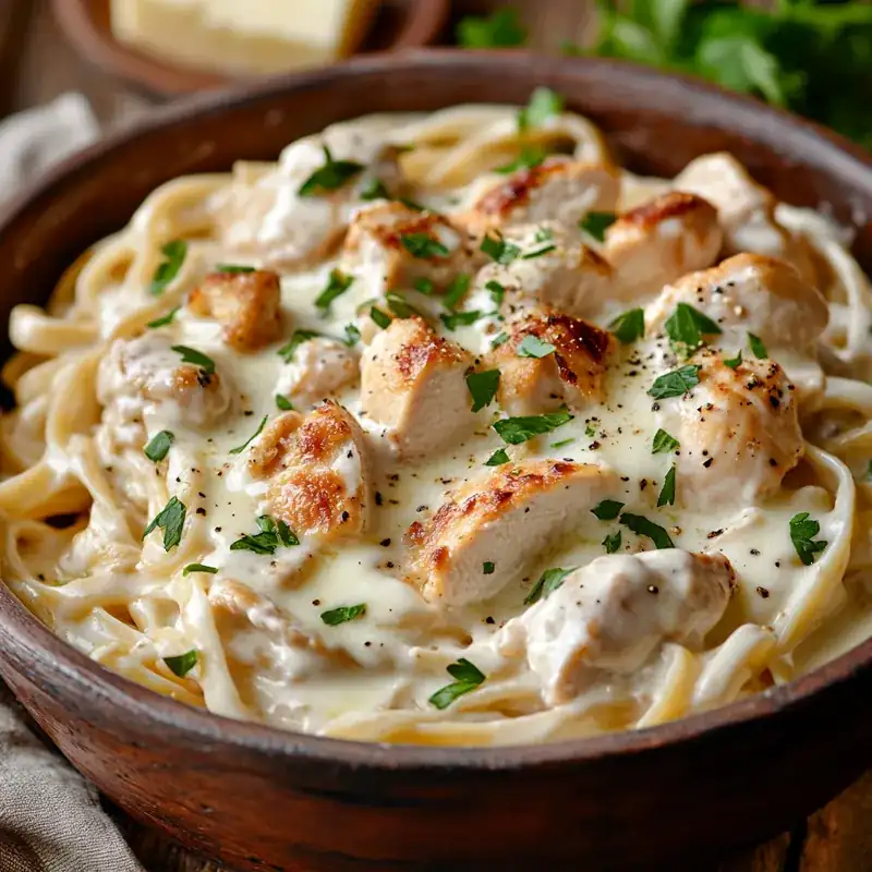 creamy chicken Alfredo pasta topped with grilled chicken and fresh parsley